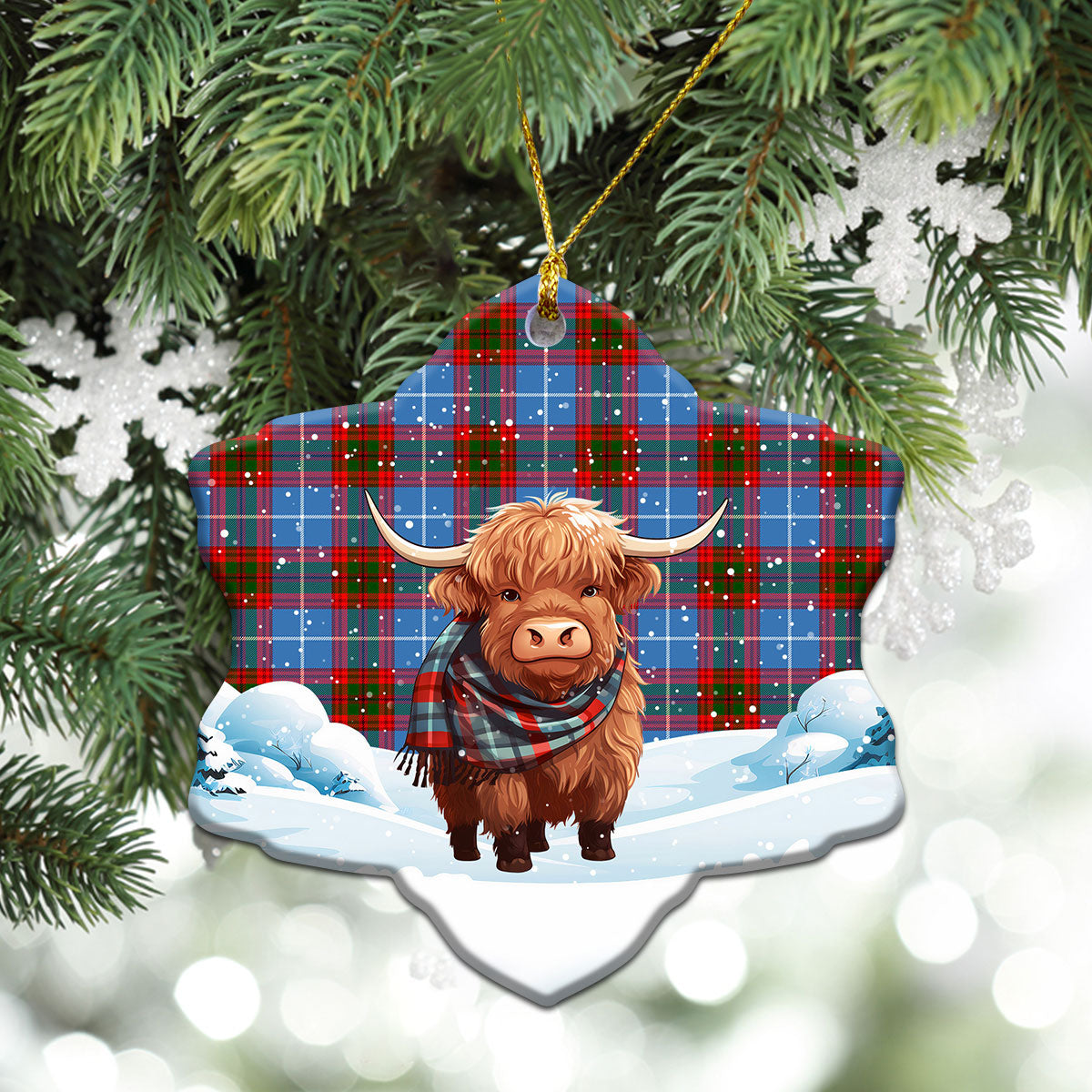 Pentland Tartan Christmas Ceramic Ornament - Highland Cows Snow Style