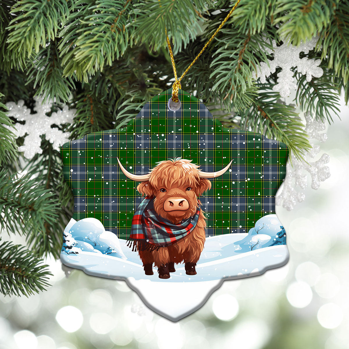 Pringle Tartan Christmas Ceramic Ornament - Highland Cows Snow Style