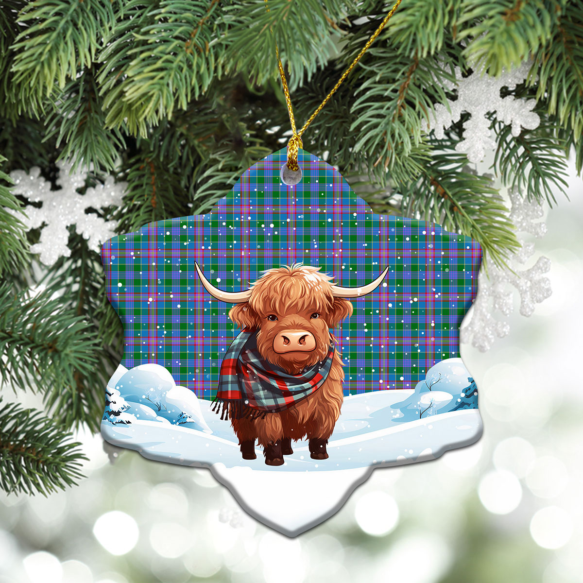 Ralston Tartan Christmas Ceramic Ornament - Highland Cows Snow Style
