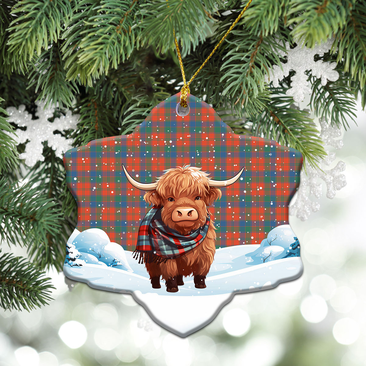 Robertson Ancient Tartan Christmas Ceramic Ornament - Highland Cows Snow Style