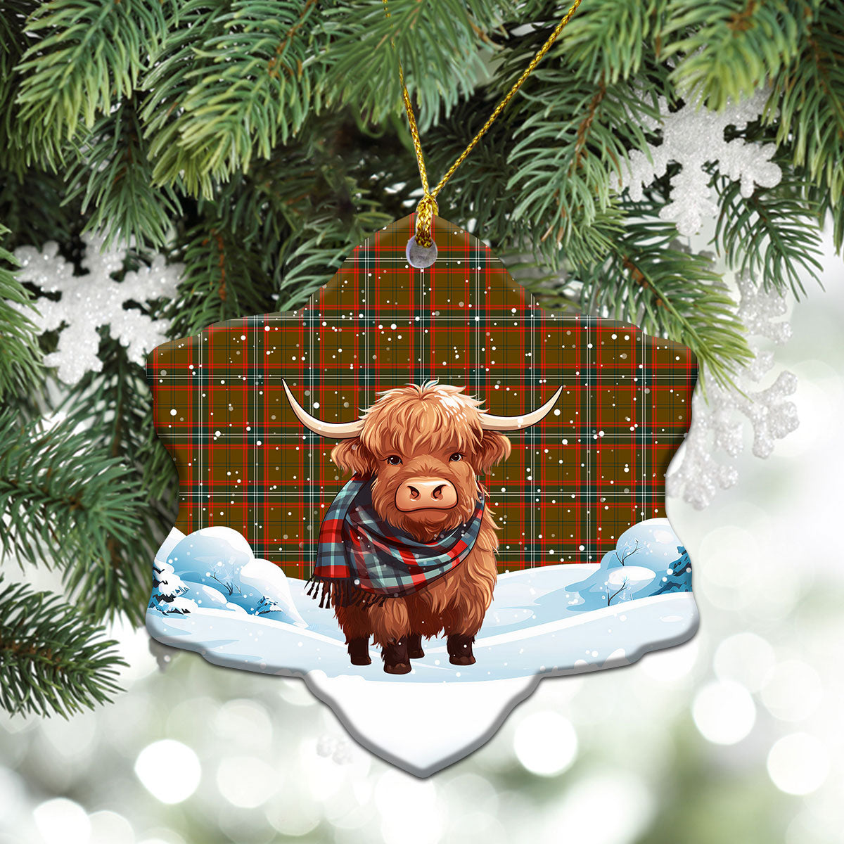 Seton Hunting Modern Tartan Christmas Ceramic Ornament - Highland Cows Snow Style