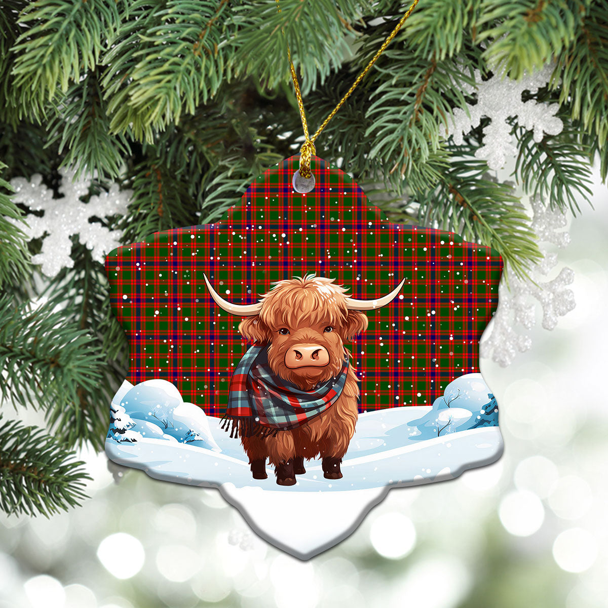 Skene Modern Tartan Christmas Ceramic Ornament - Highland Cows Snow Style