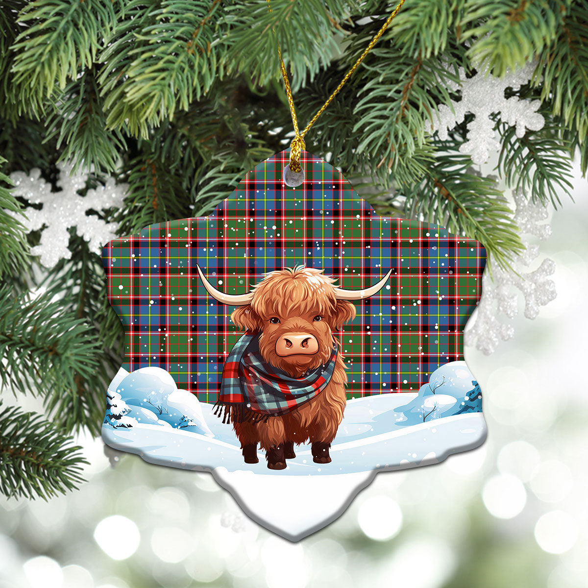 Stirling (of Cadder-Present Chief) Tartan Christmas Ceramic Ornament - Highland Cows Snow Style