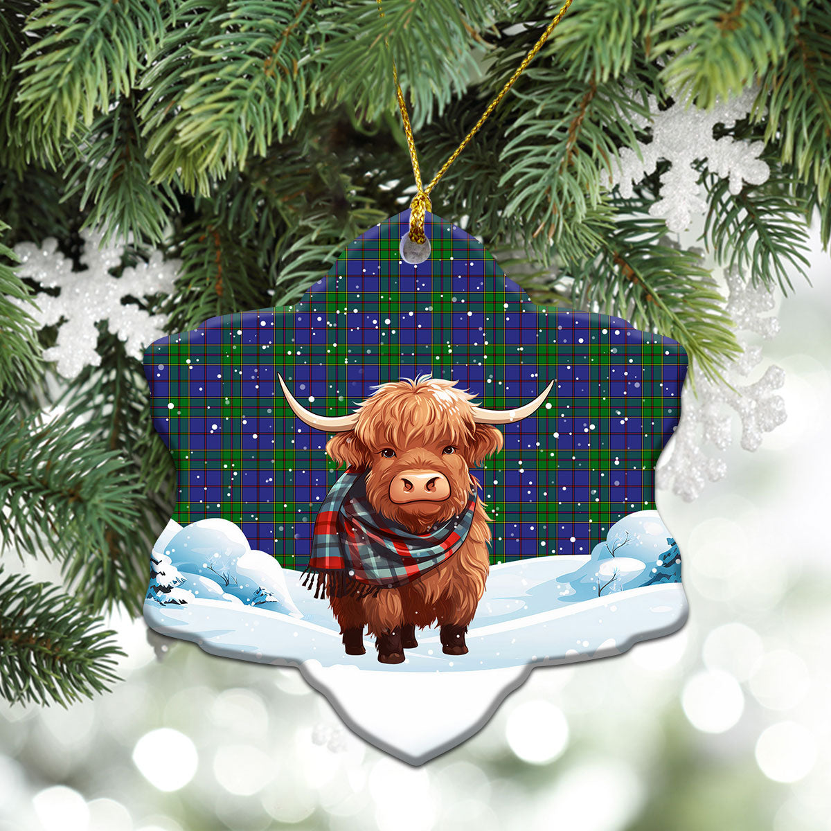 Strachan Tartan Christmas Ceramic Ornament - Highland Cows Snow Style