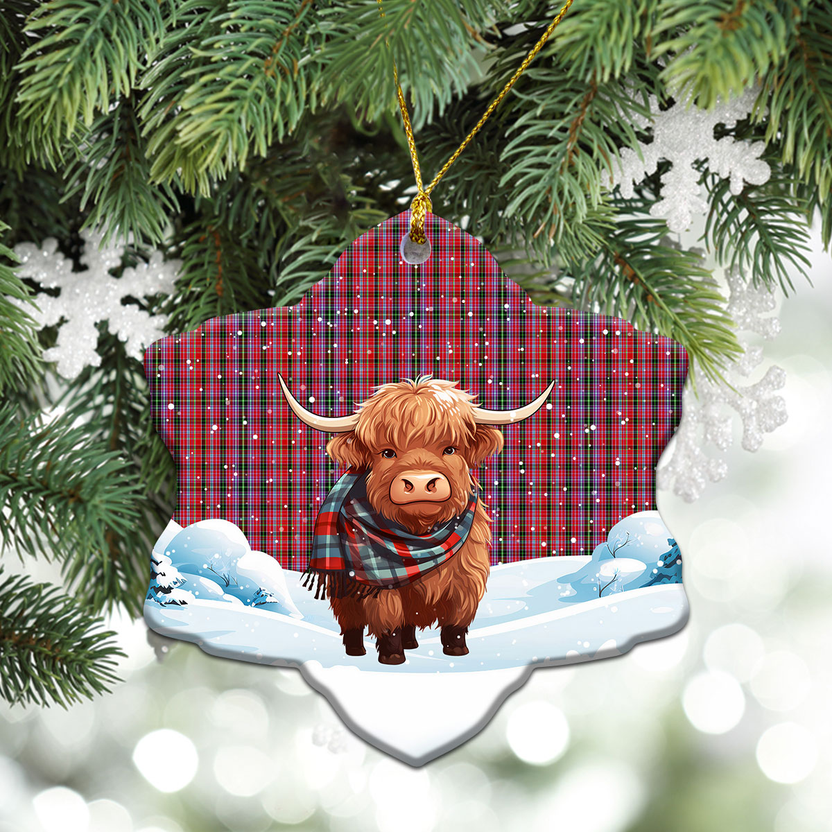 Straiton Tartan Christmas Ceramic Ornament - Highland Cows Snow Style