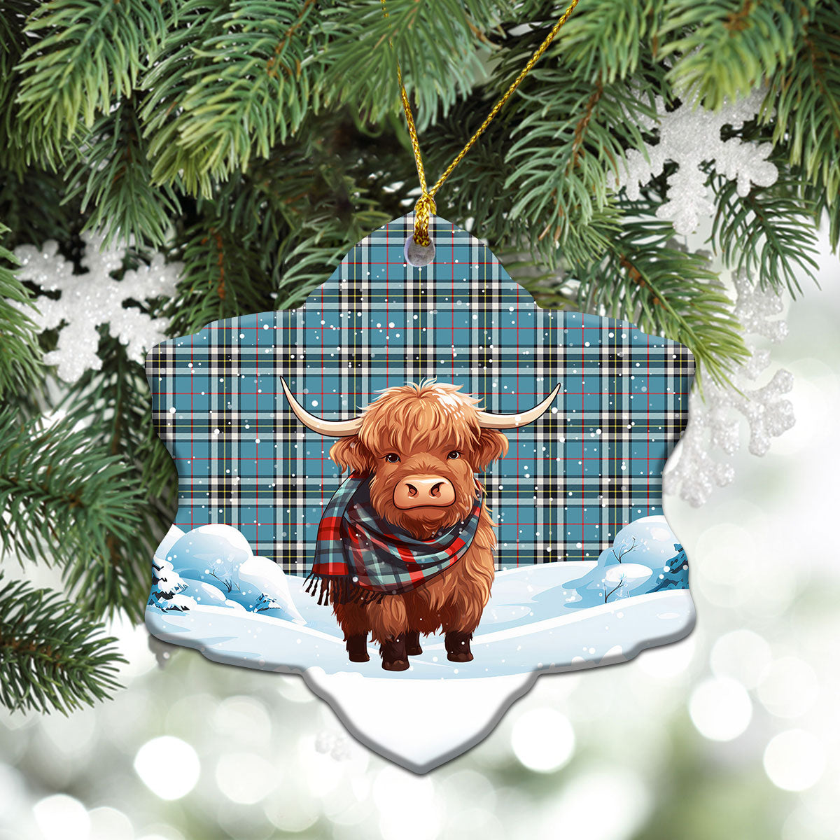 Thomson Blue Tartan Christmas Ceramic Ornament - Highland Cows Snow Style