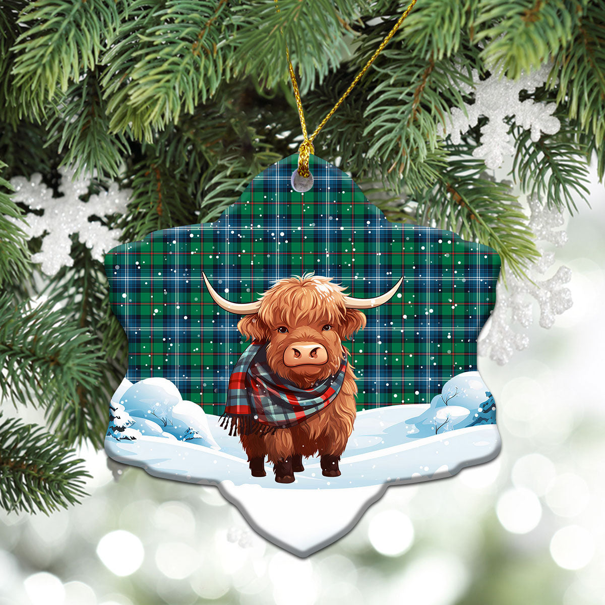 Urquhart Ancient Tartan Christmas Ceramic Ornament - Highland Cows Snow Style