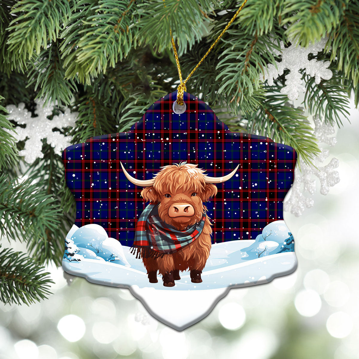 Wedderburn Tartan Christmas Ceramic Ornament - Highland Cows Snow Style