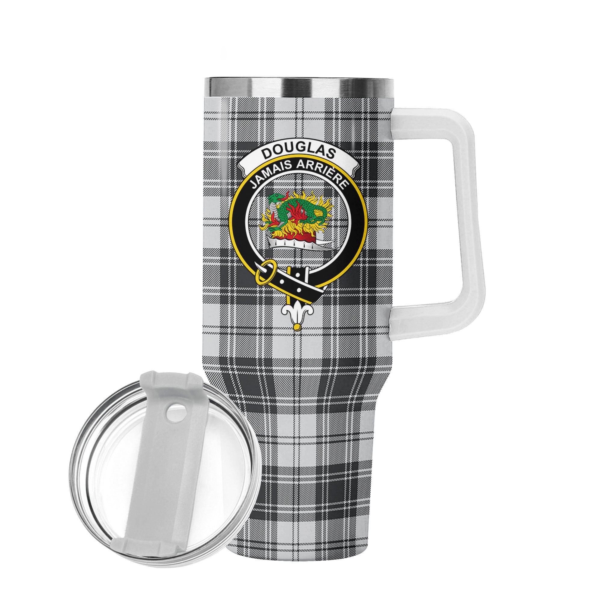 Douglas Grey Modern Tartan Crest 40 oz Insulated Tumbler with Handle