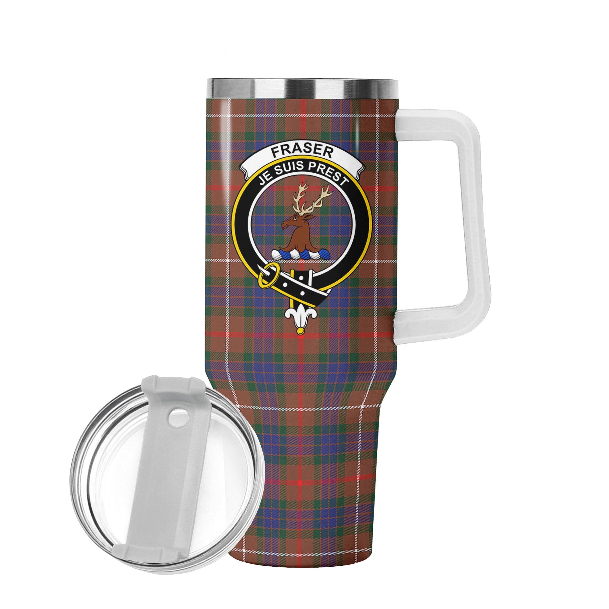 Fraser (of Lovat) Hunting Modern Tartan Crest 40 oz Insulated Tumbler with Handle