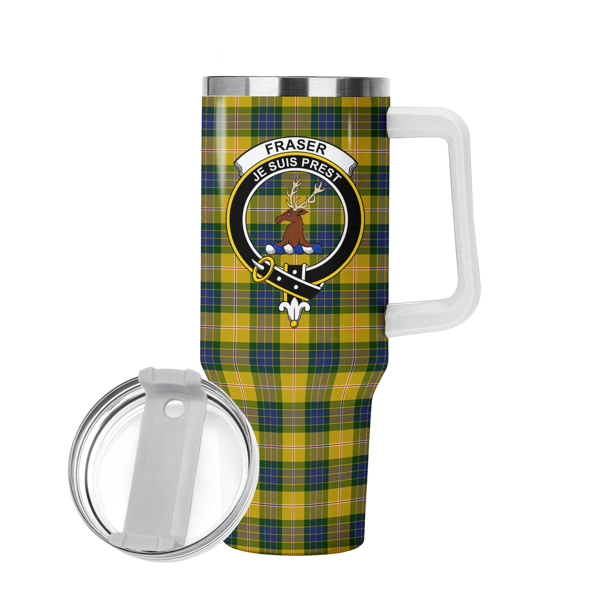 Fraser (of Lovat) Yellow Tartan Crest 40 oz Insulated Tumbler with Handle