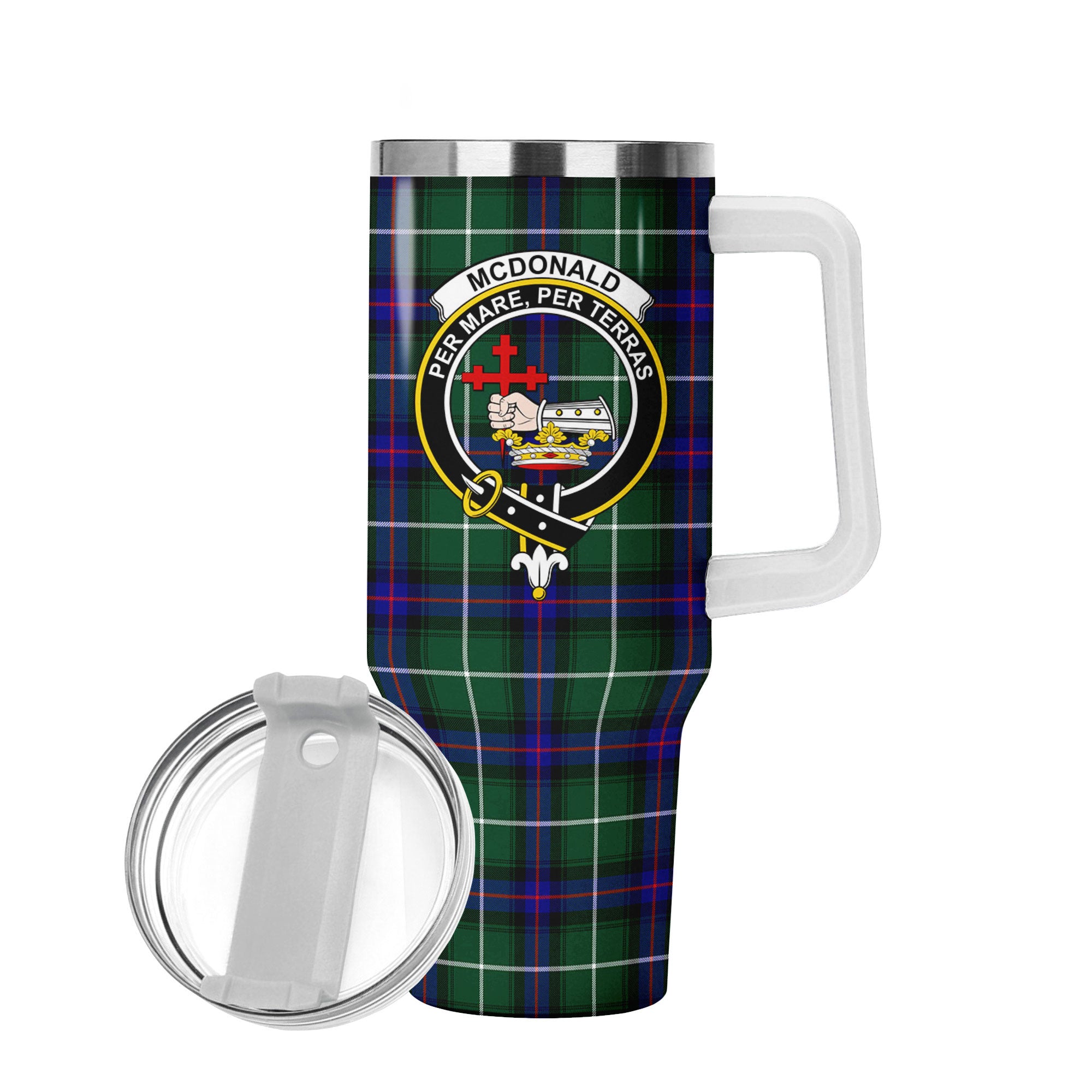 McDonald of the Isles Hunting Modern Tartan Crest 40 oz Insulated Tumbler with Handle
