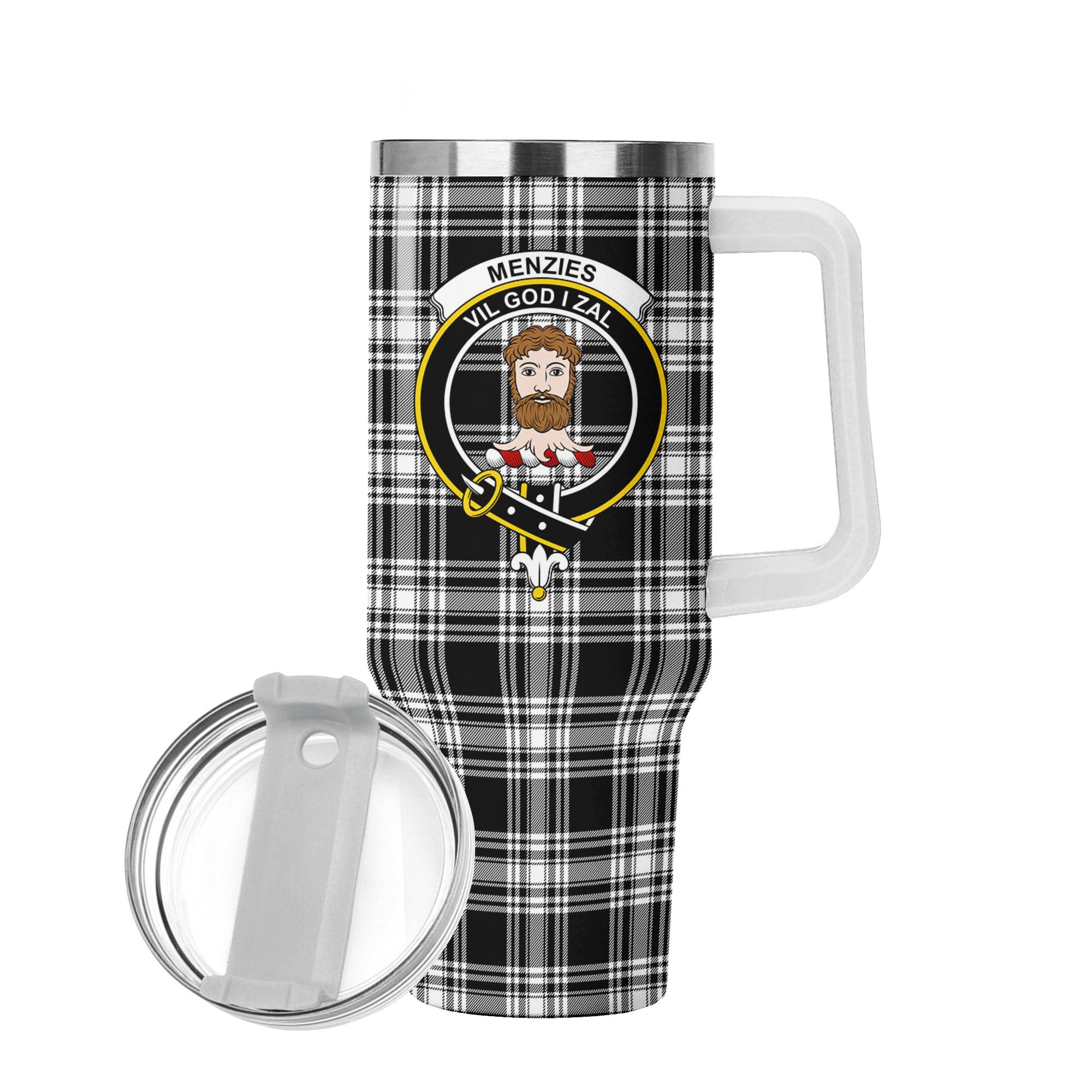 Menzies Black - White Modern Tartan Crest 40 oz Insulated Tumbler with Handle