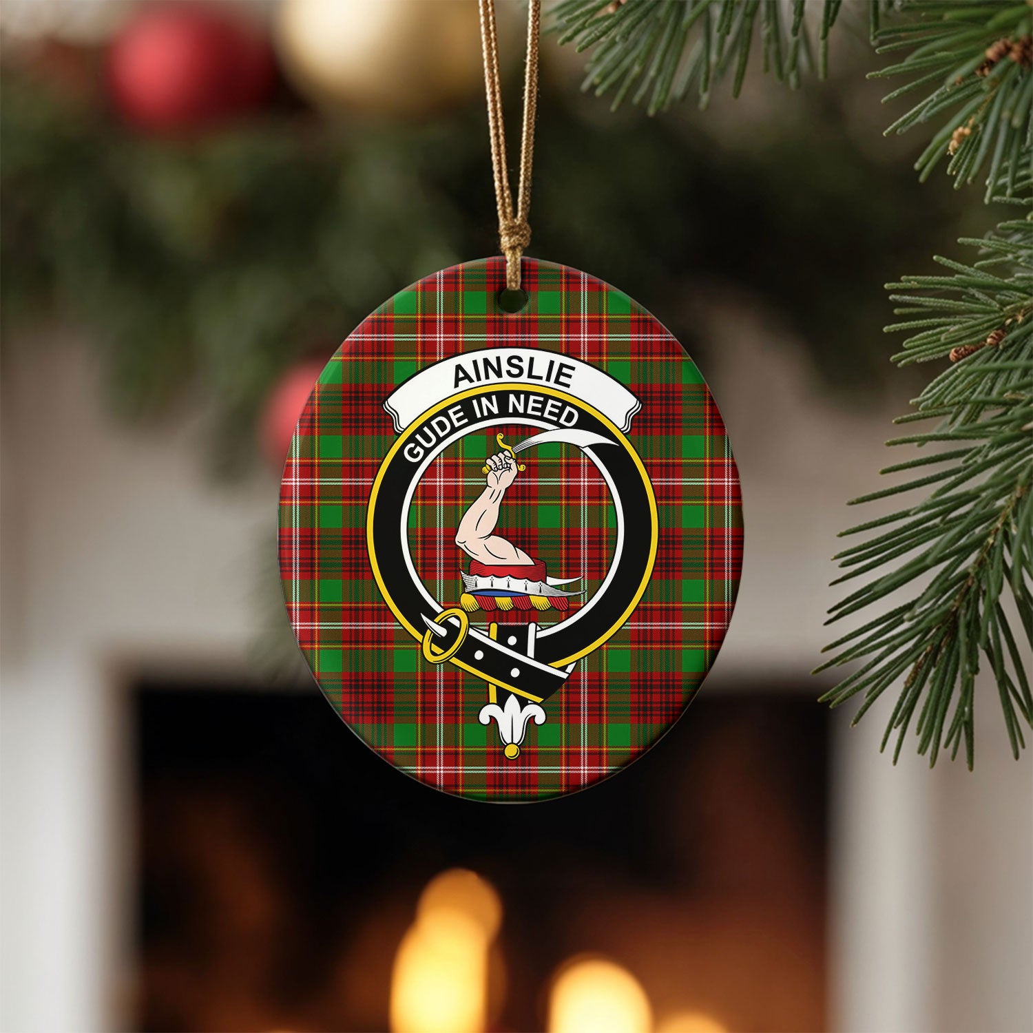 Ainslie Tartan Crest Christmas Ceramic Ornament