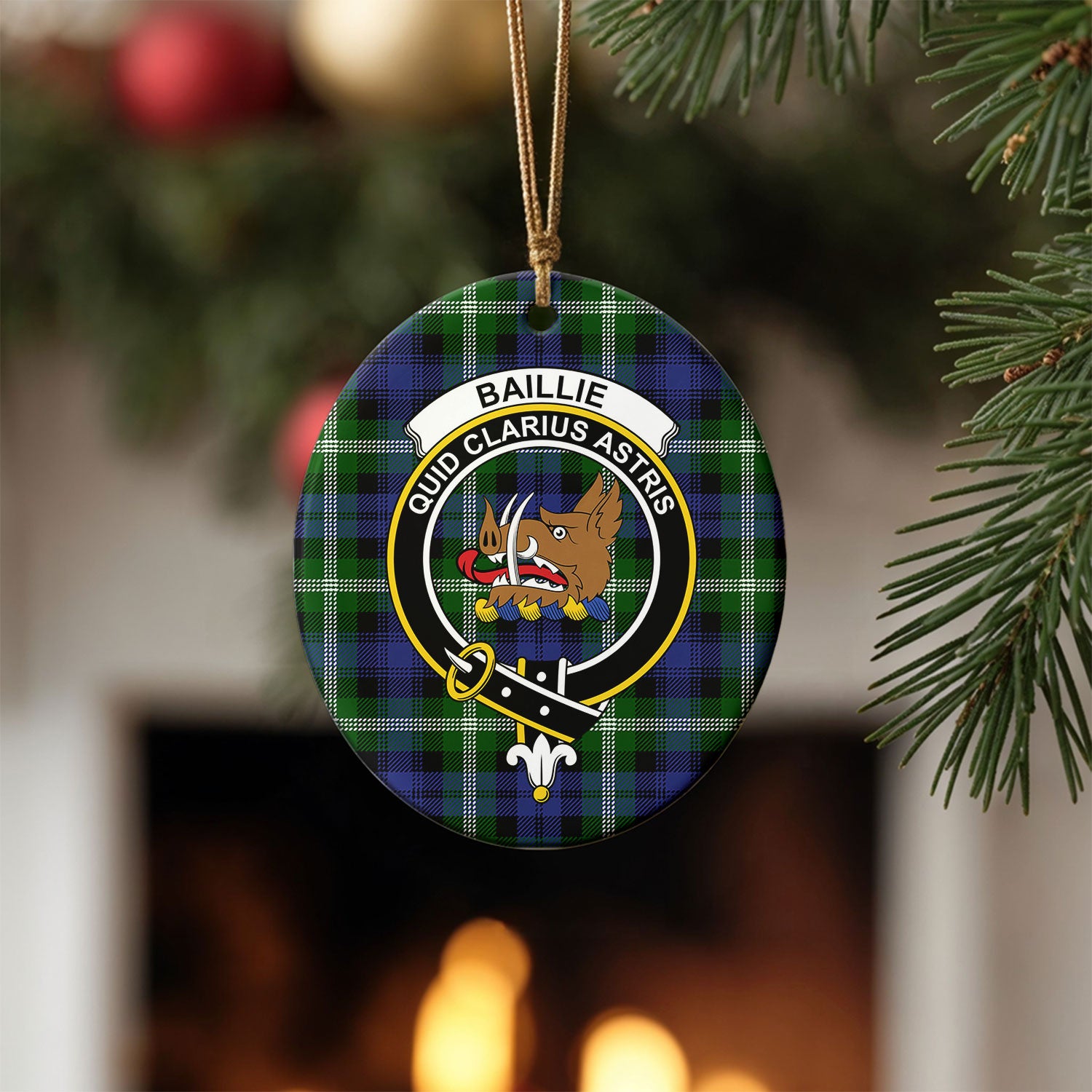 Baillie Modern Tartan Crest Christmas Ceramic Ornament