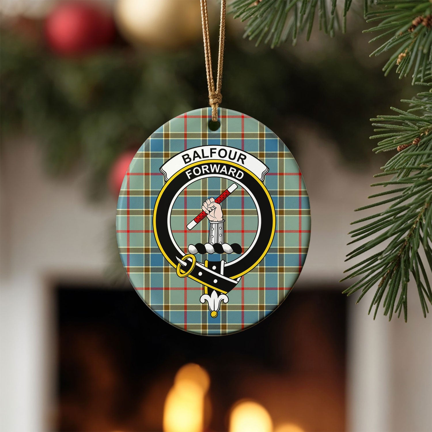 Balfour Blue Tartan Crest Christmas Ceramic Ornament
