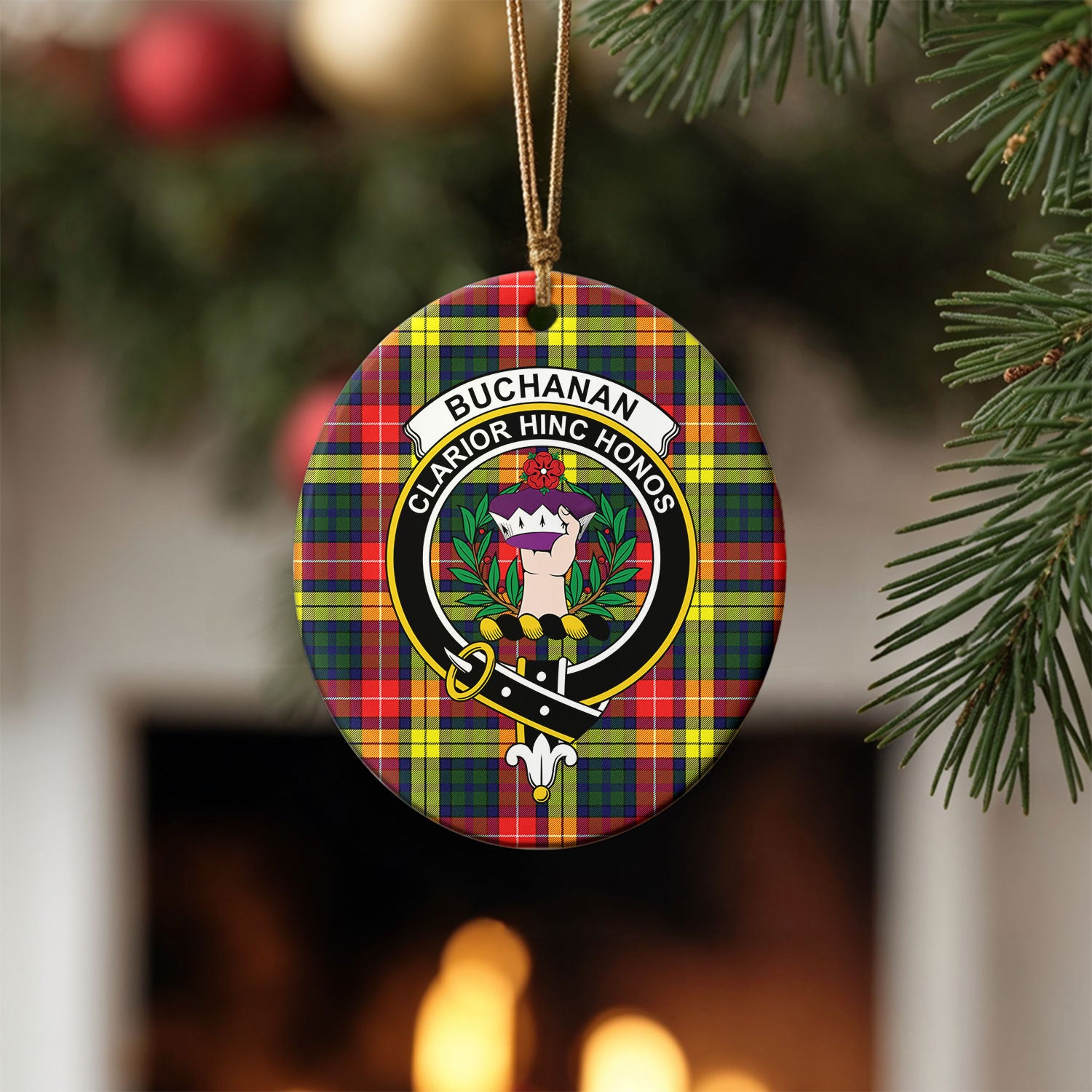 Buchanan Modern Tartan Crest Christmas Ceramic Ornament
