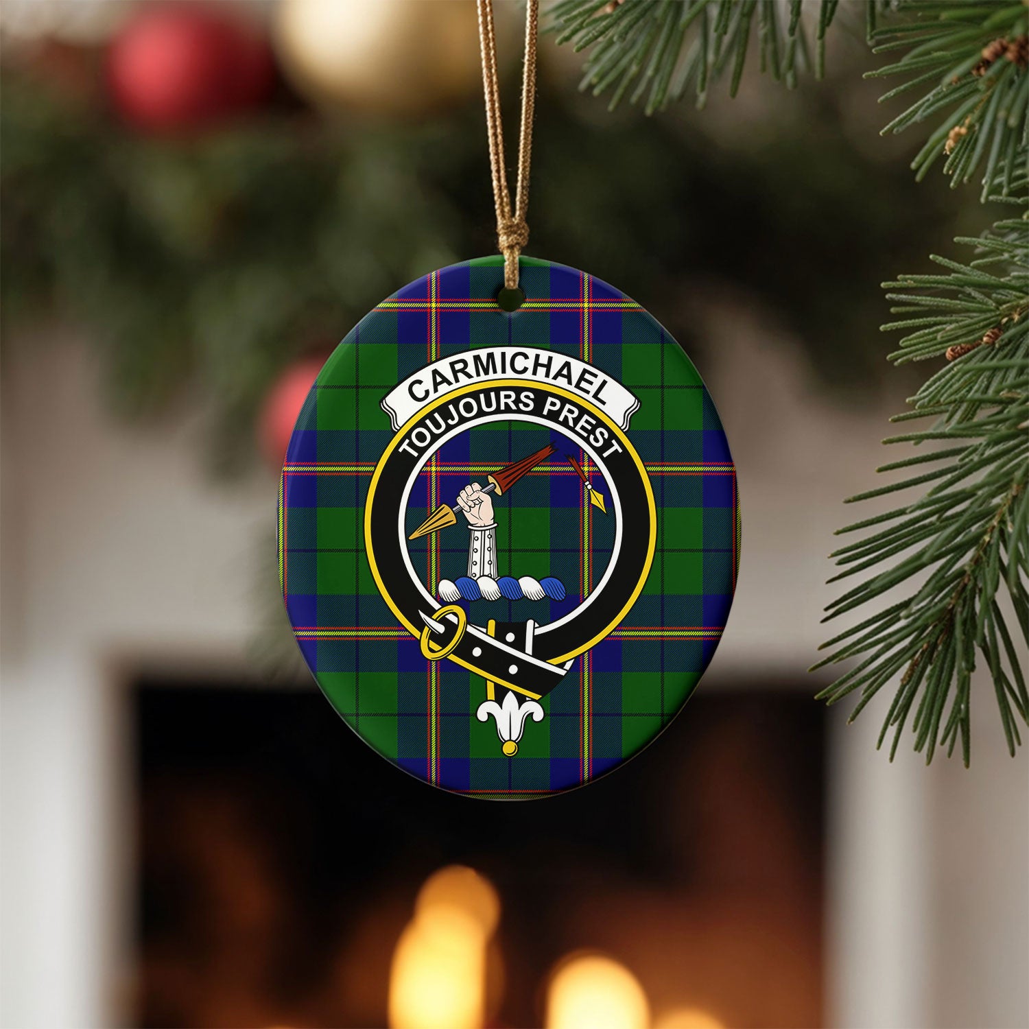 Carmichael Modern Tartan Crest Christmas Ceramic Ornament
