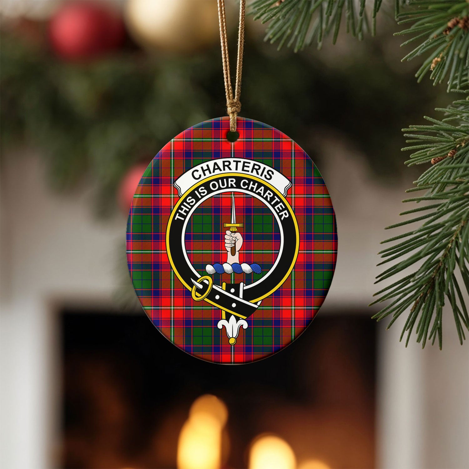 Charteris (Earl of Wemyss) Tartan Crest Christmas Ceramic Ornament