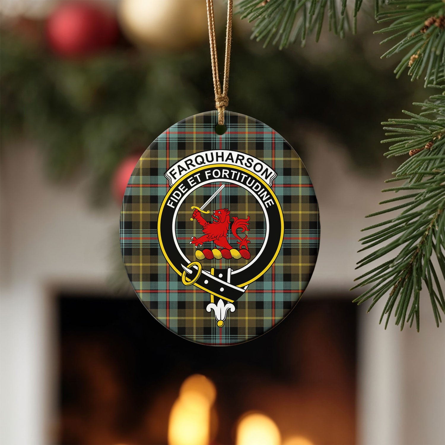Farquharson Weathered Tartan Crest Christmas Ceramic Ornament
