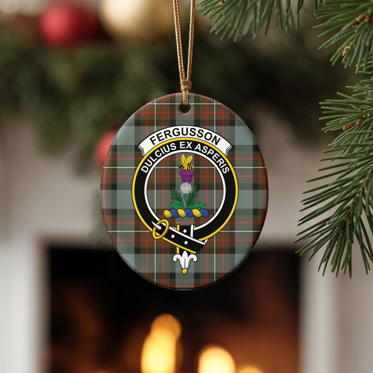 Fergusson Weathered Tartan Crest Christmas Ceramic Ornament