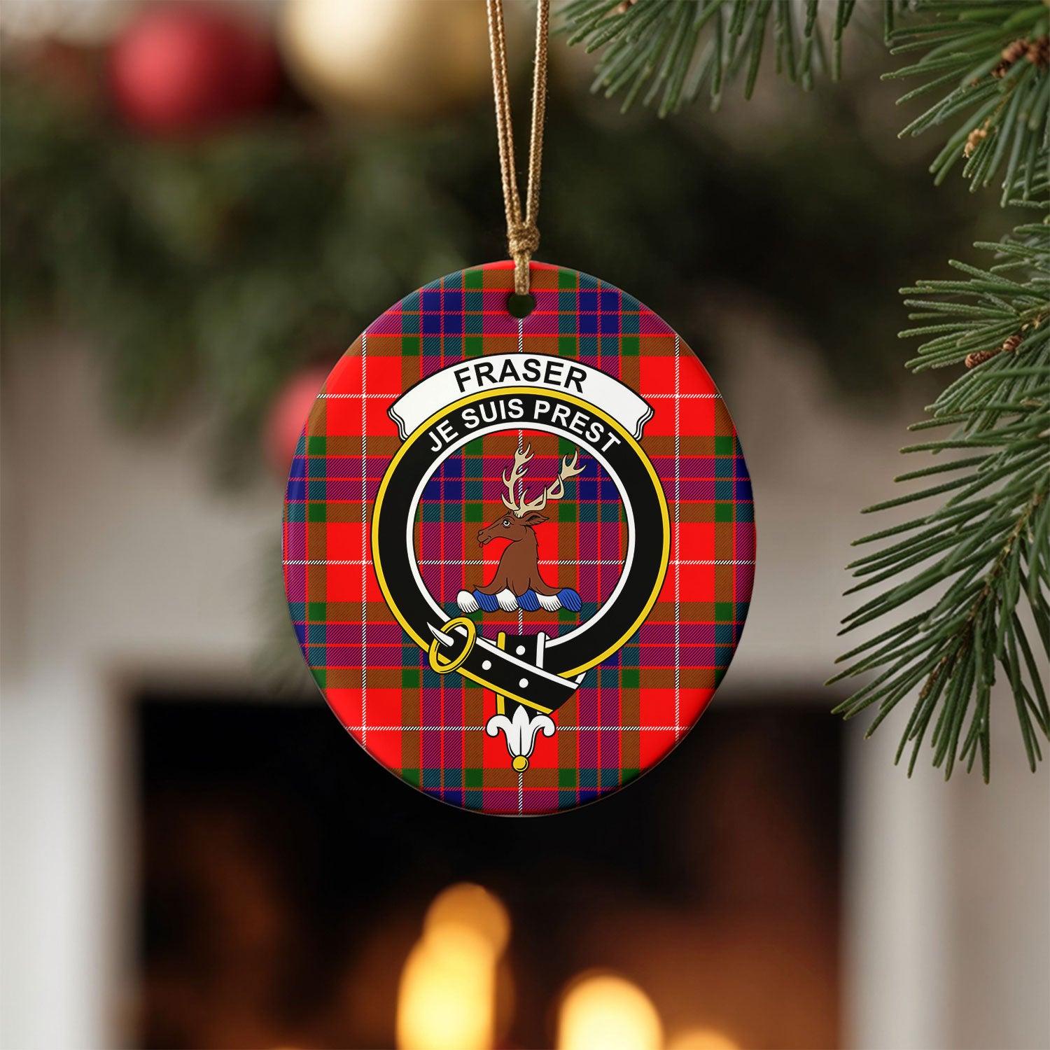 Fraser (of Lovat) Modern Tartan Crest Christmas Ceramic Ornament