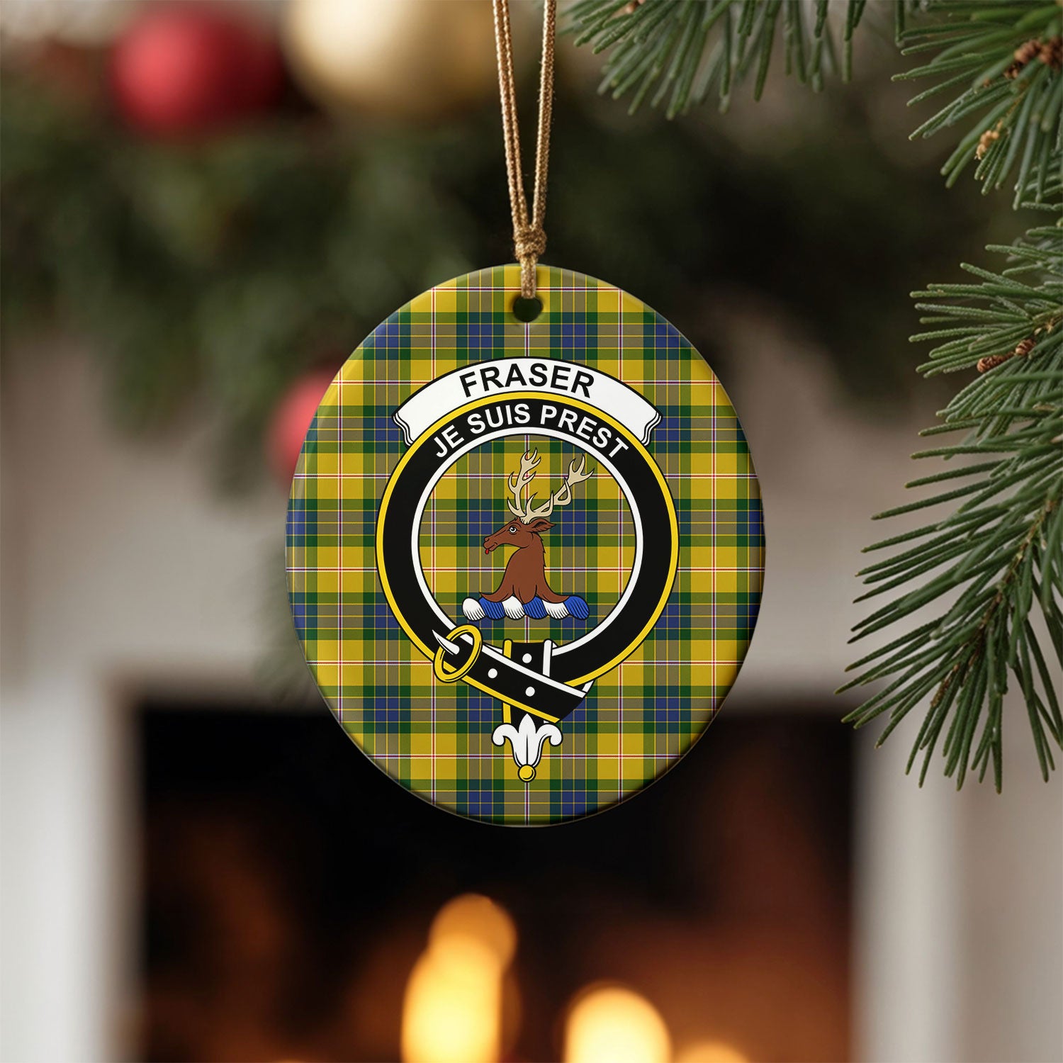 Fraser (of Lovat) Yellow Tartan Crest Christmas Ceramic Ornament