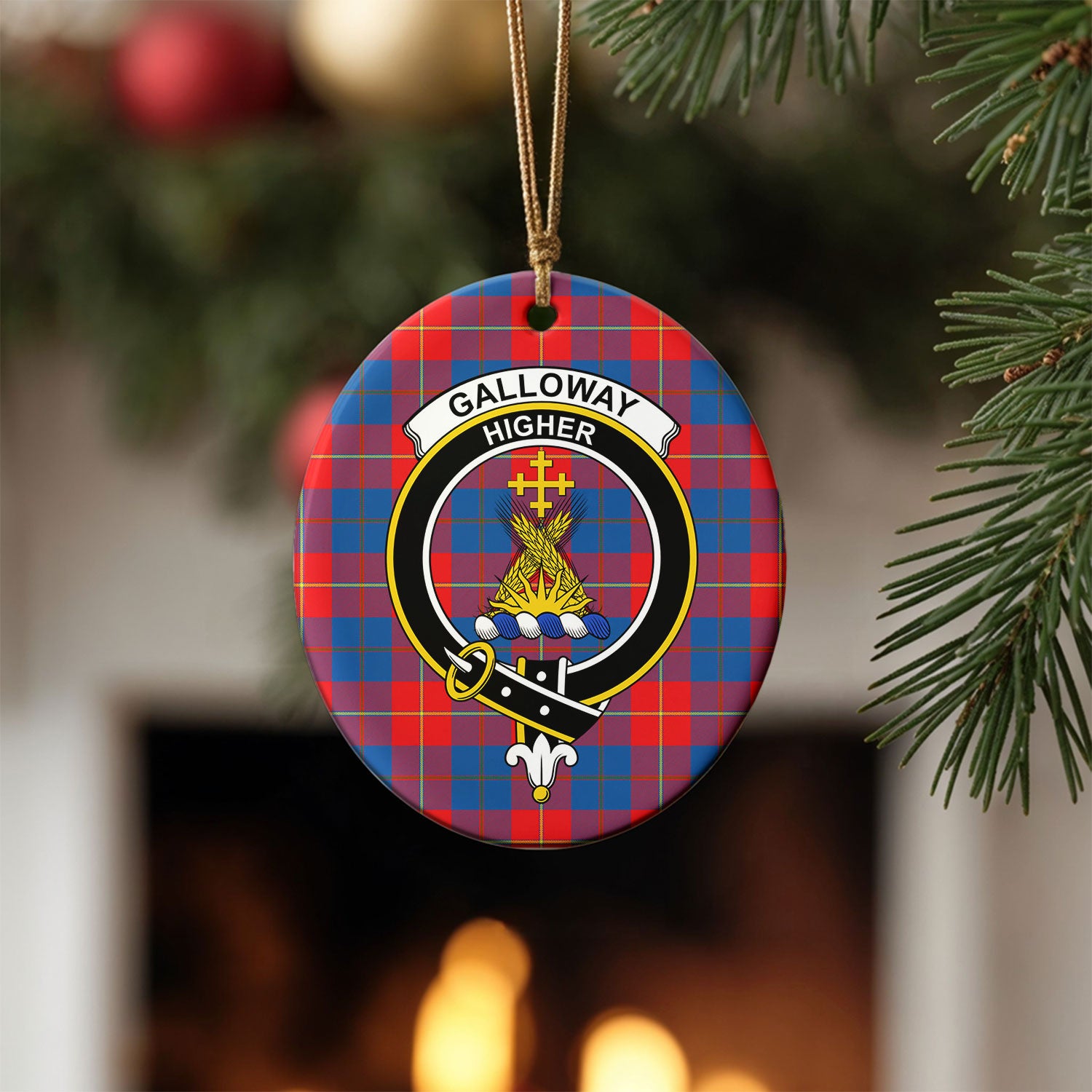 Galloway Red Tartan Crest Christmas Ceramic Ornament