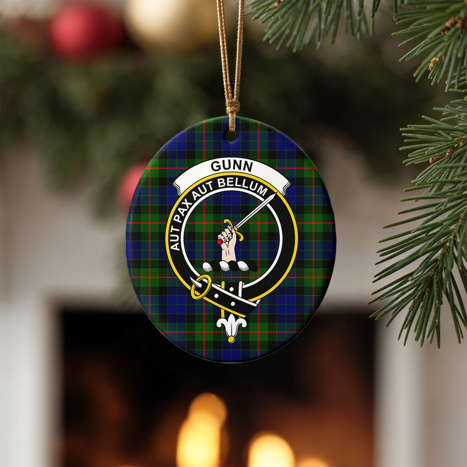 Gunn Modern Tartan Crest Christmas Ceramic Ornament