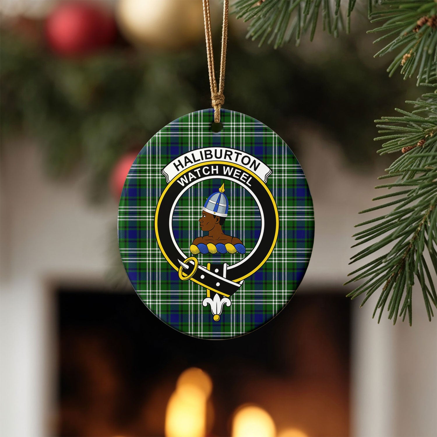 Haliburton Tartan Crest Christmas Ceramic Ornament
