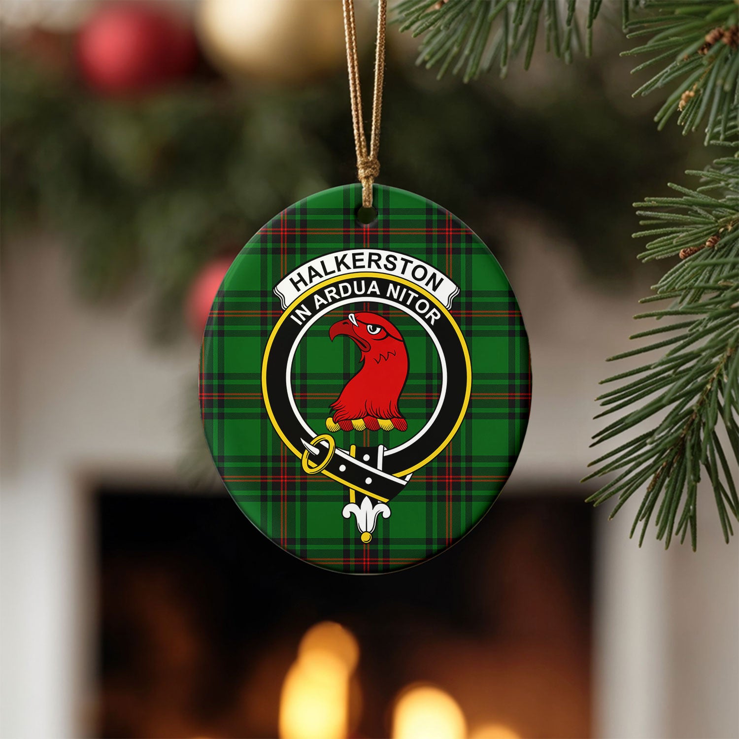 Halkerston Tartan Crest Christmas Ceramic Ornament