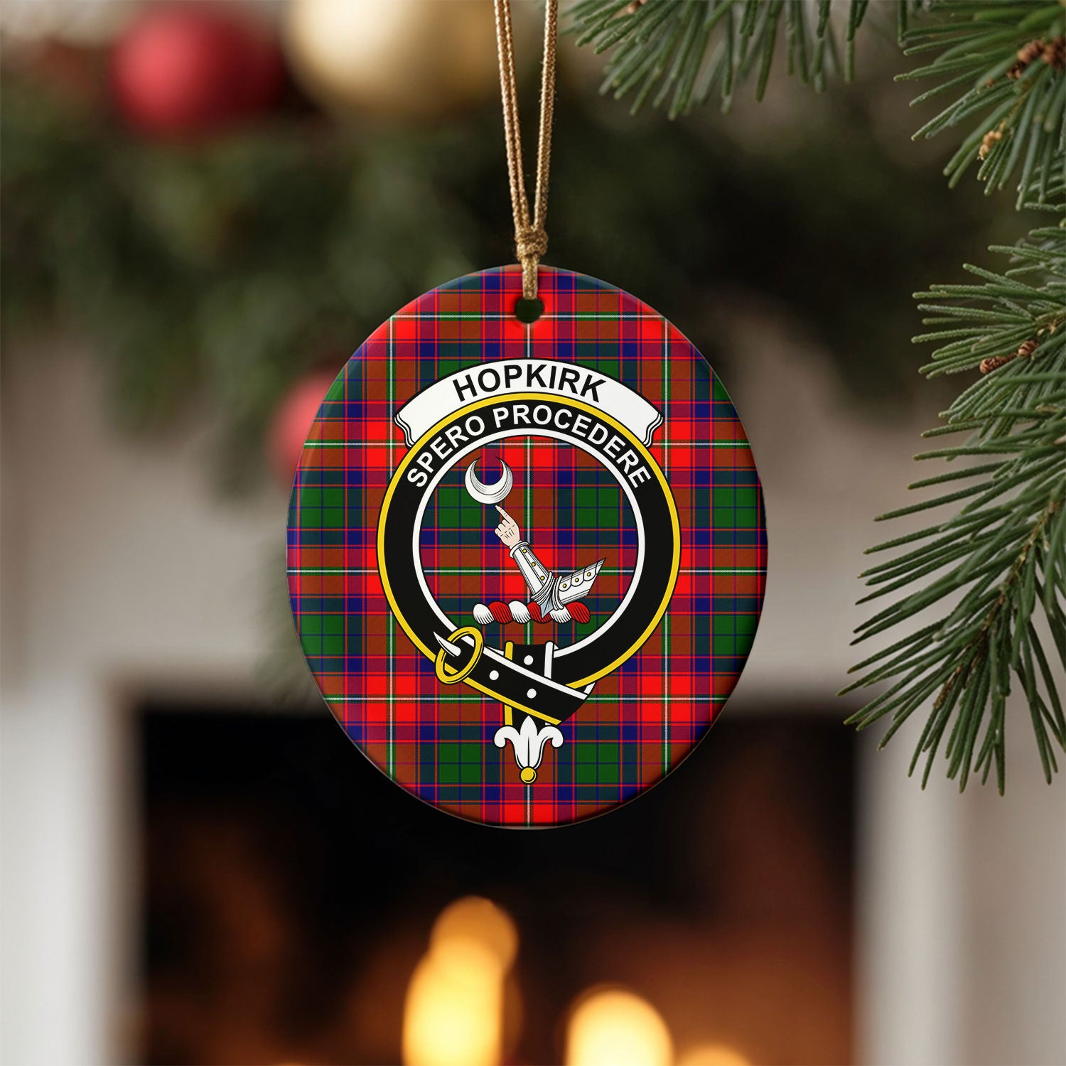 Hopkirk Tartan Crest Christmas Ceramic Ornament