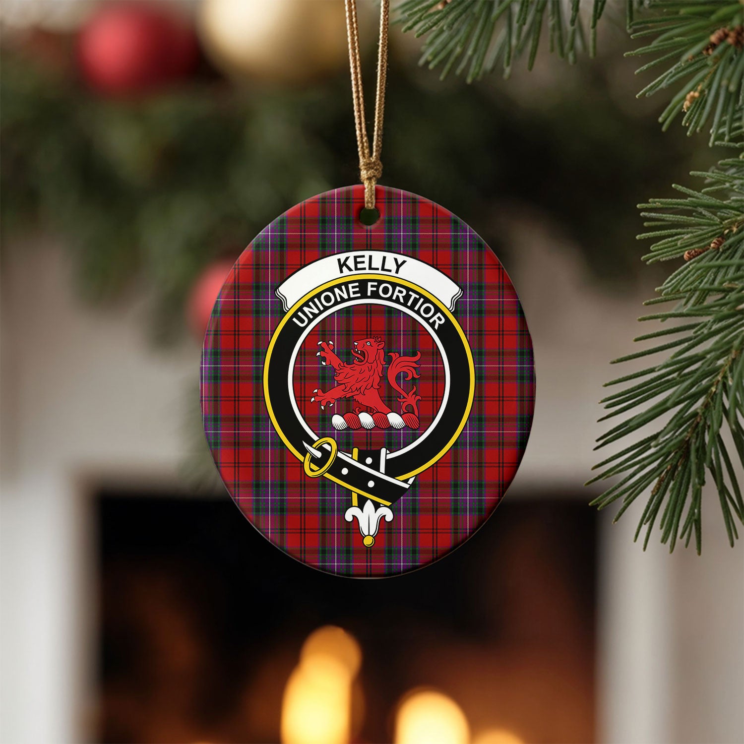 Kelly of Sleat Red Tartan Crest Christmas Ceramic Ornament