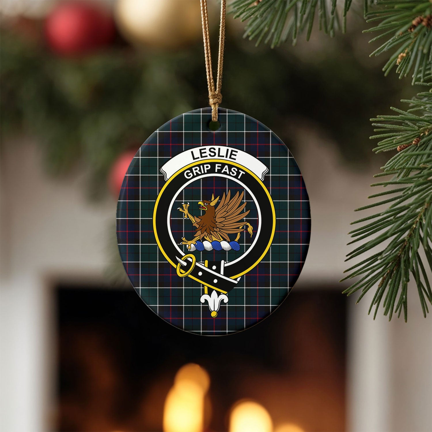 Leslie Hunting Modern Tartan Crest Christmas Ceramic Ornament