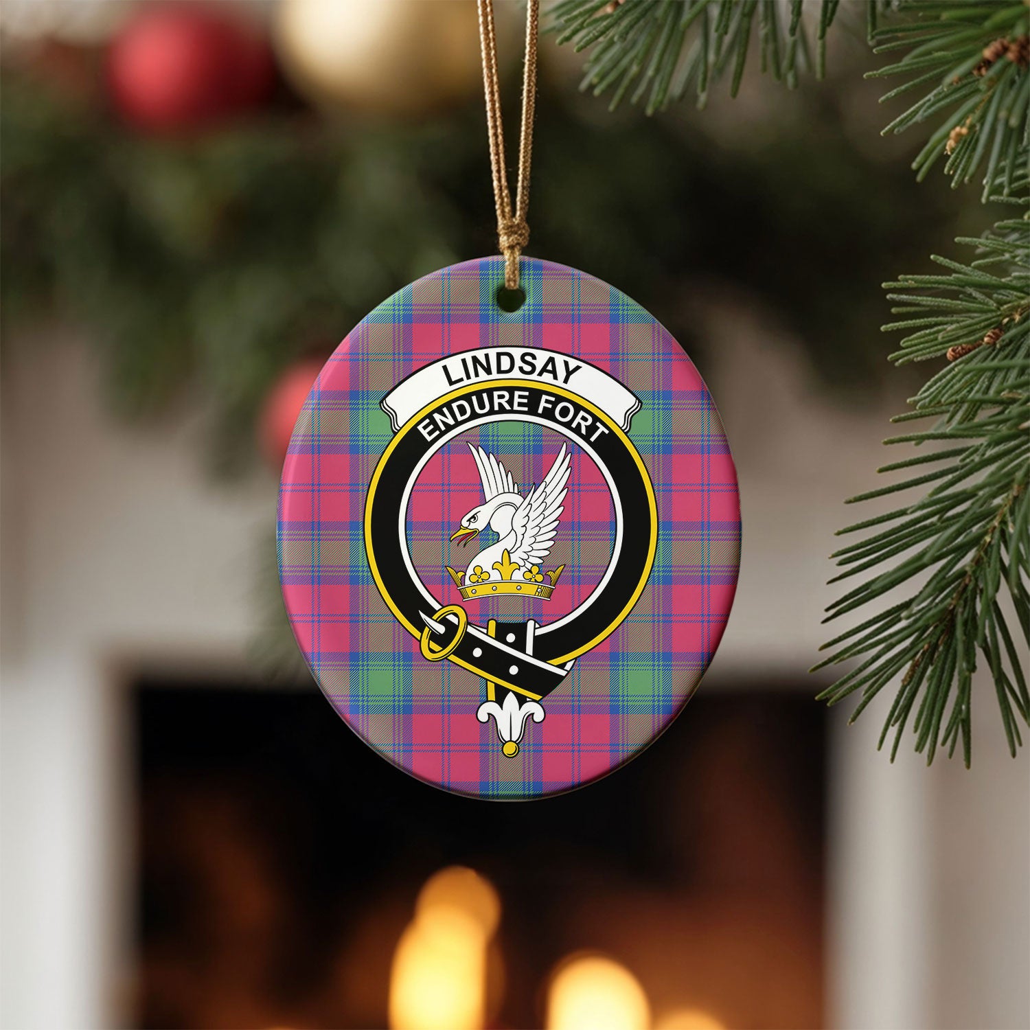 Lindsay Ancient Tartan Crest Christmas Ceramic Ornament
