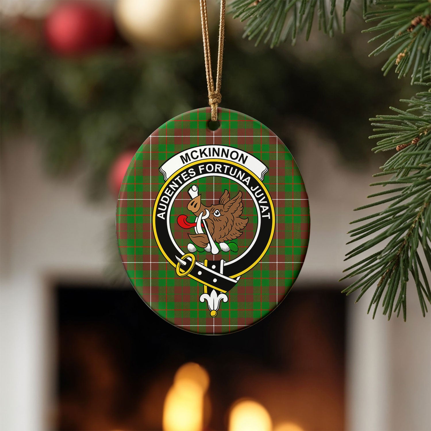 McKinnon Hunting Modern Tartan Crest Christmas Ceramic Ornament