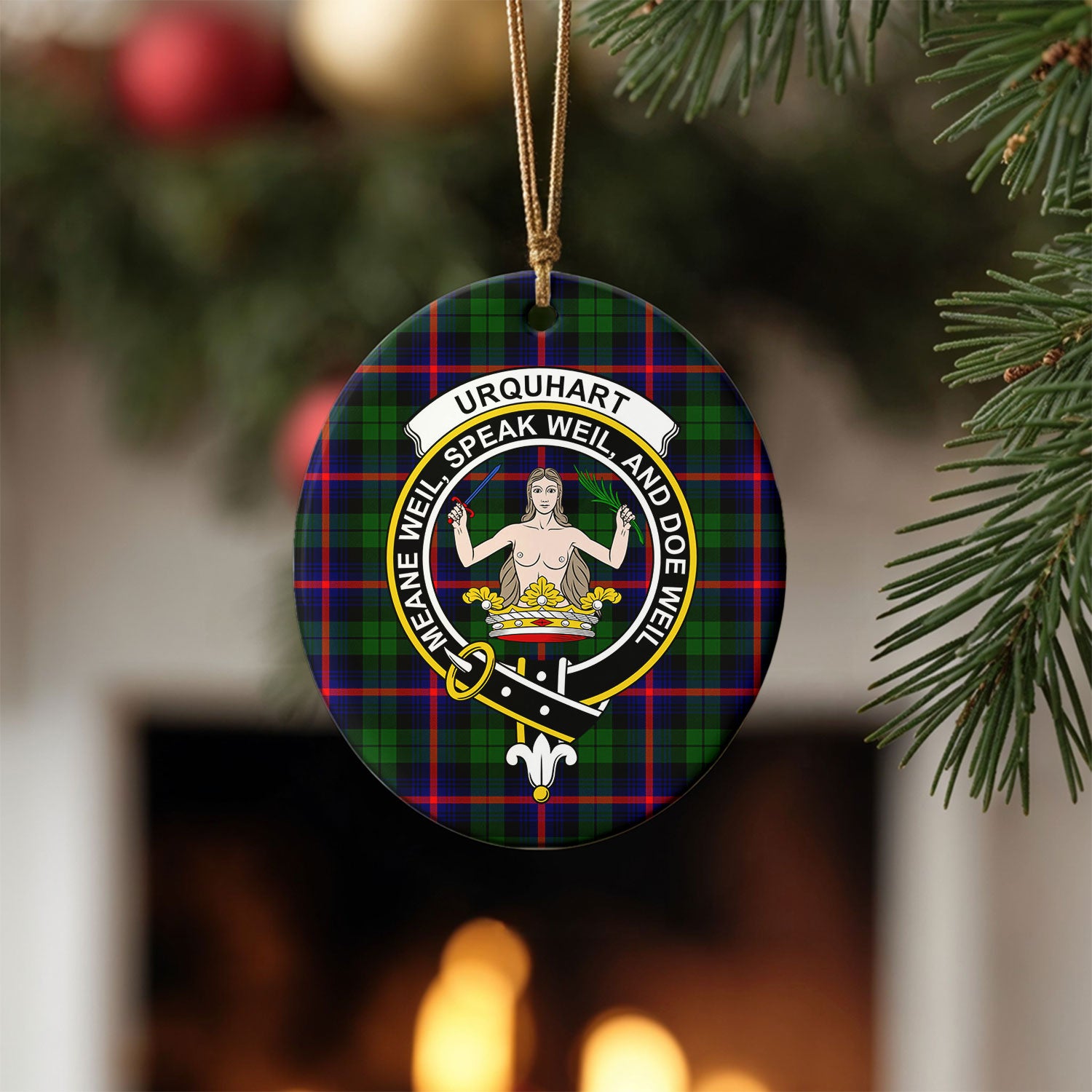 Urquhart Modern Tartan Crest Christmas Ceramic Ornament