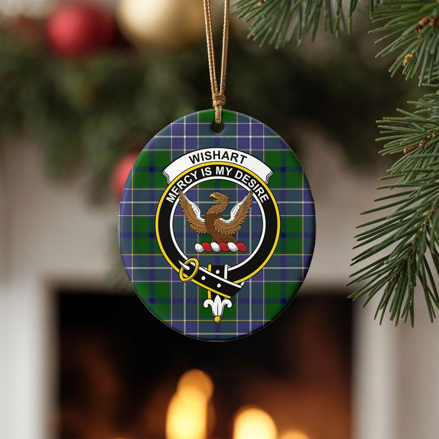 Wishart Hunting Tartan Crest Christmas Ceramic Ornament