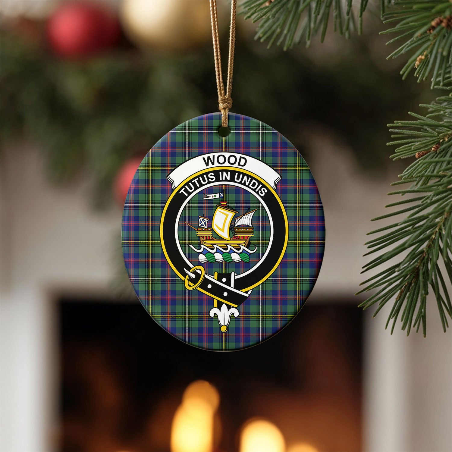 Wood Tartan Crest Christmas Ceramic Ornament