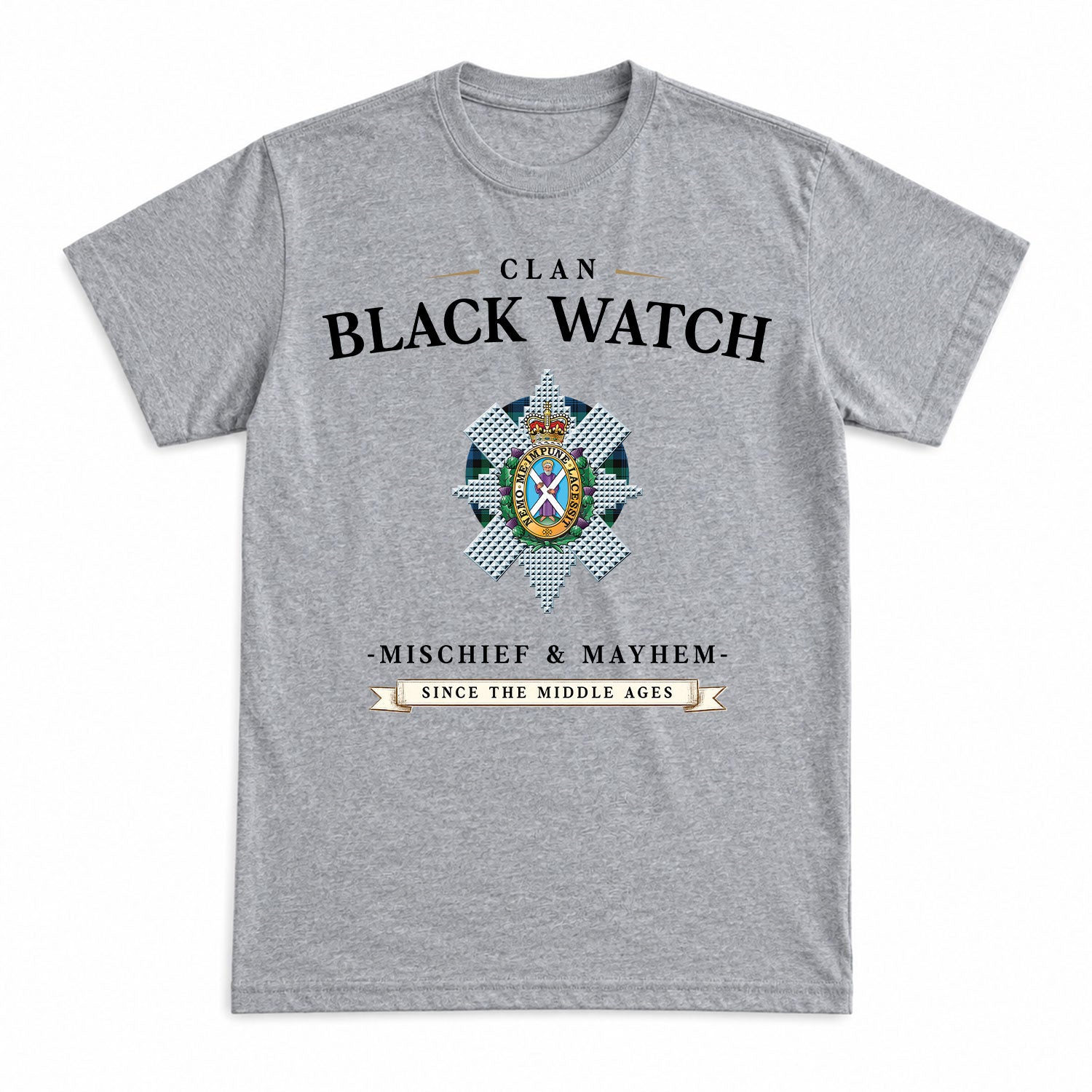 Black Watch Ancient Tartan Crest Mischief and Mayhem T-shirt