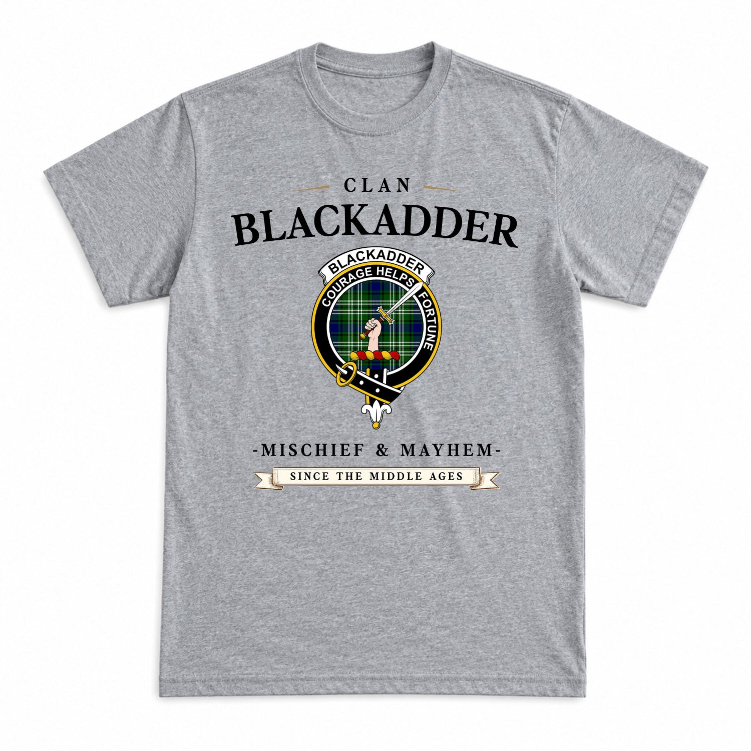 Blackadder Tartan Crest Mischief and Mayhem T-shirt