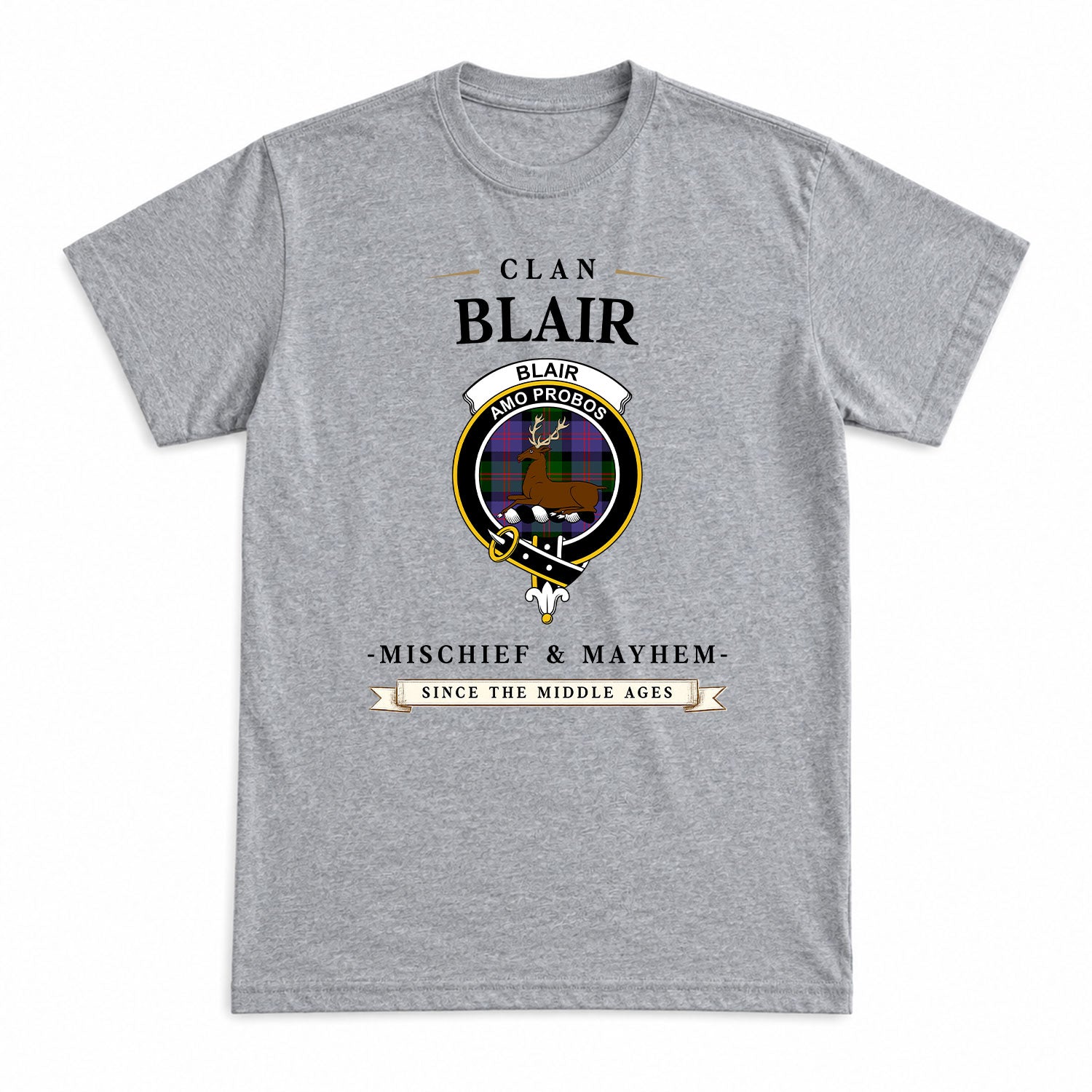 Blair Modern Tartan Crest Mischief and Mayhem T-shirt