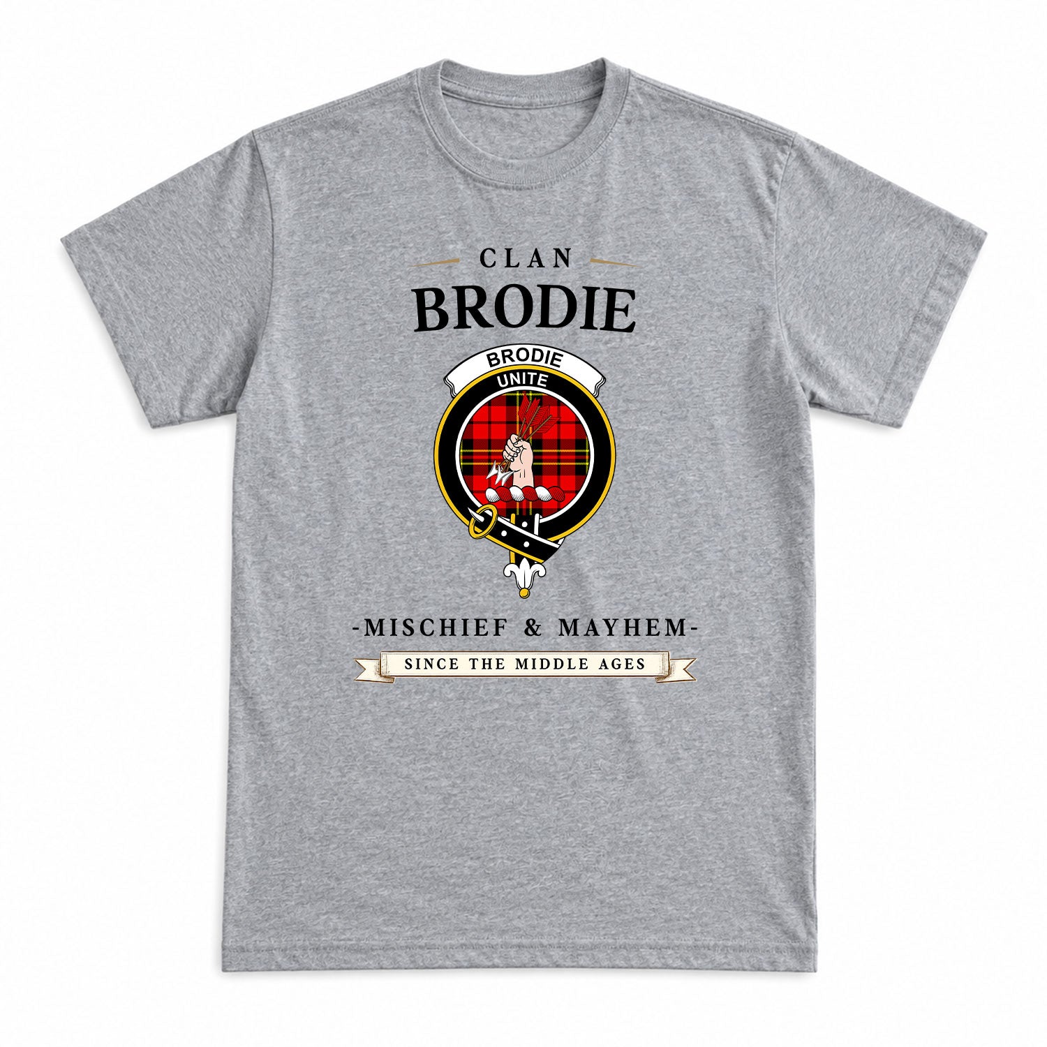 Brodie Modern Tartan Crest Mischief and Mayhem T-shirt