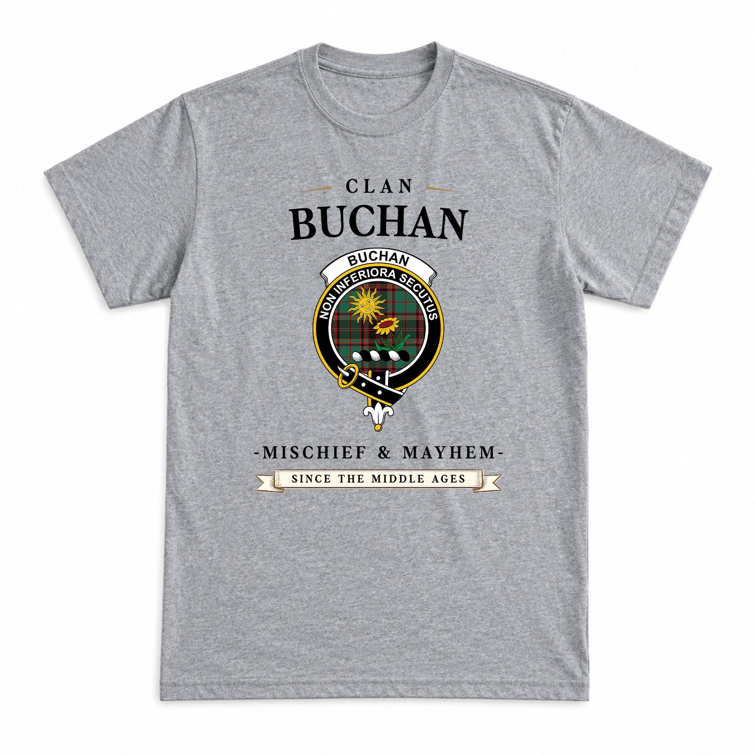 Buchan Ancient Tartan Crest Mischief and Mayhem T-shirt