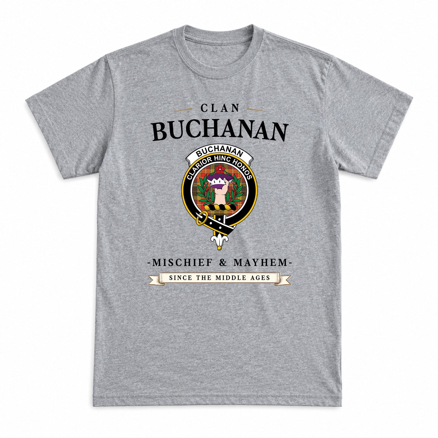 Buchanan Old Set Weathered Tartan Crest Mischief and Mayhem T-shirt