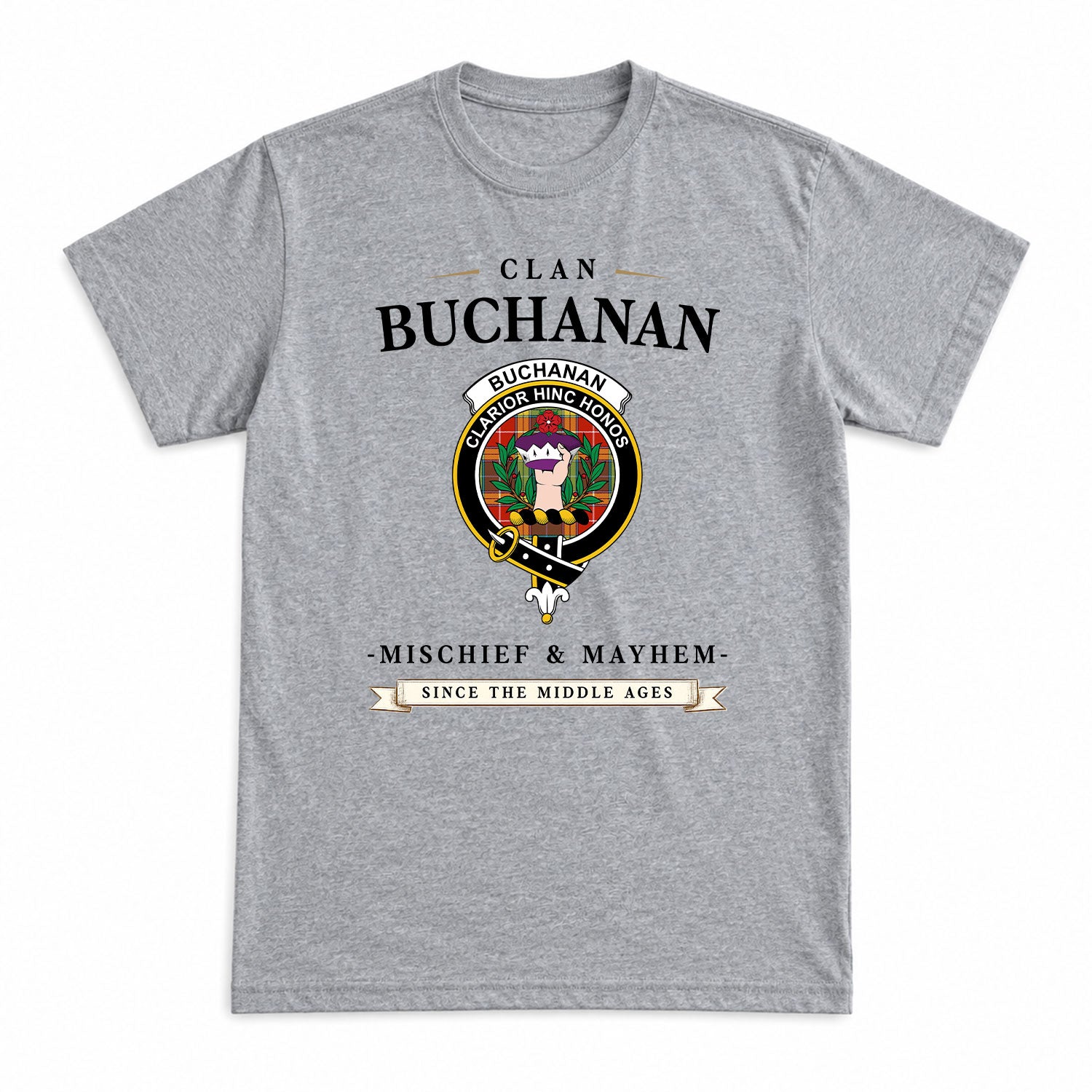 Buchanan Old Sett Tartan Crest Mischief and Mayhem T-shirt