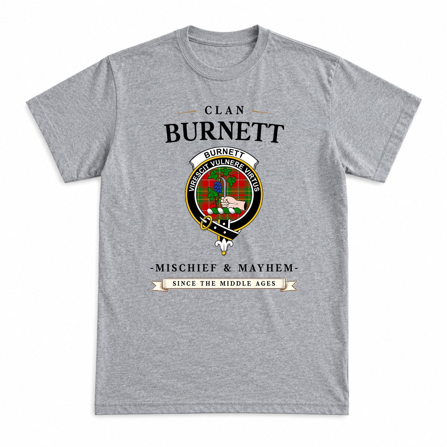 Burnett Ancient Tartan Crest Mischief and Mayhem T-shirt