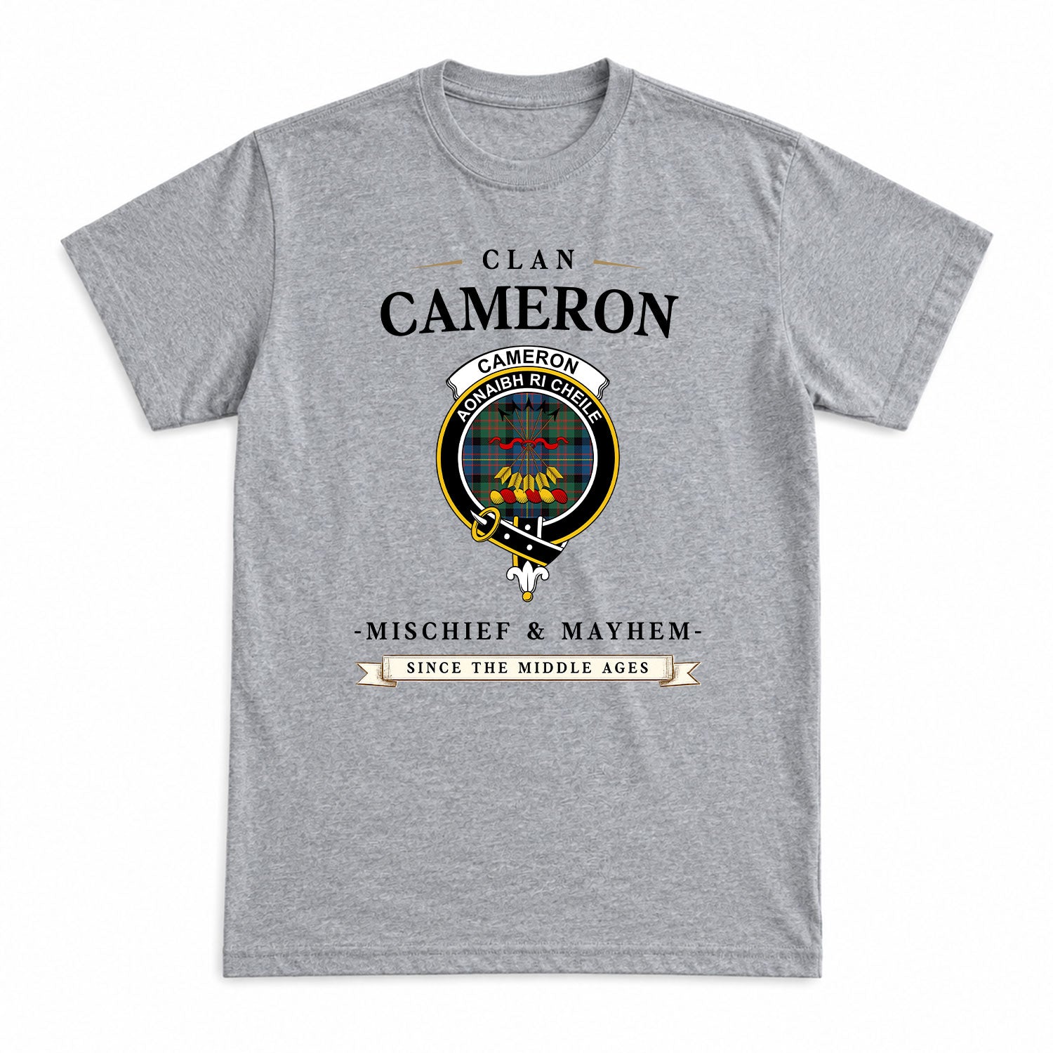 Cameron of Erracht Ancient Tartan Crest Mischief and Mayhem T-shirt