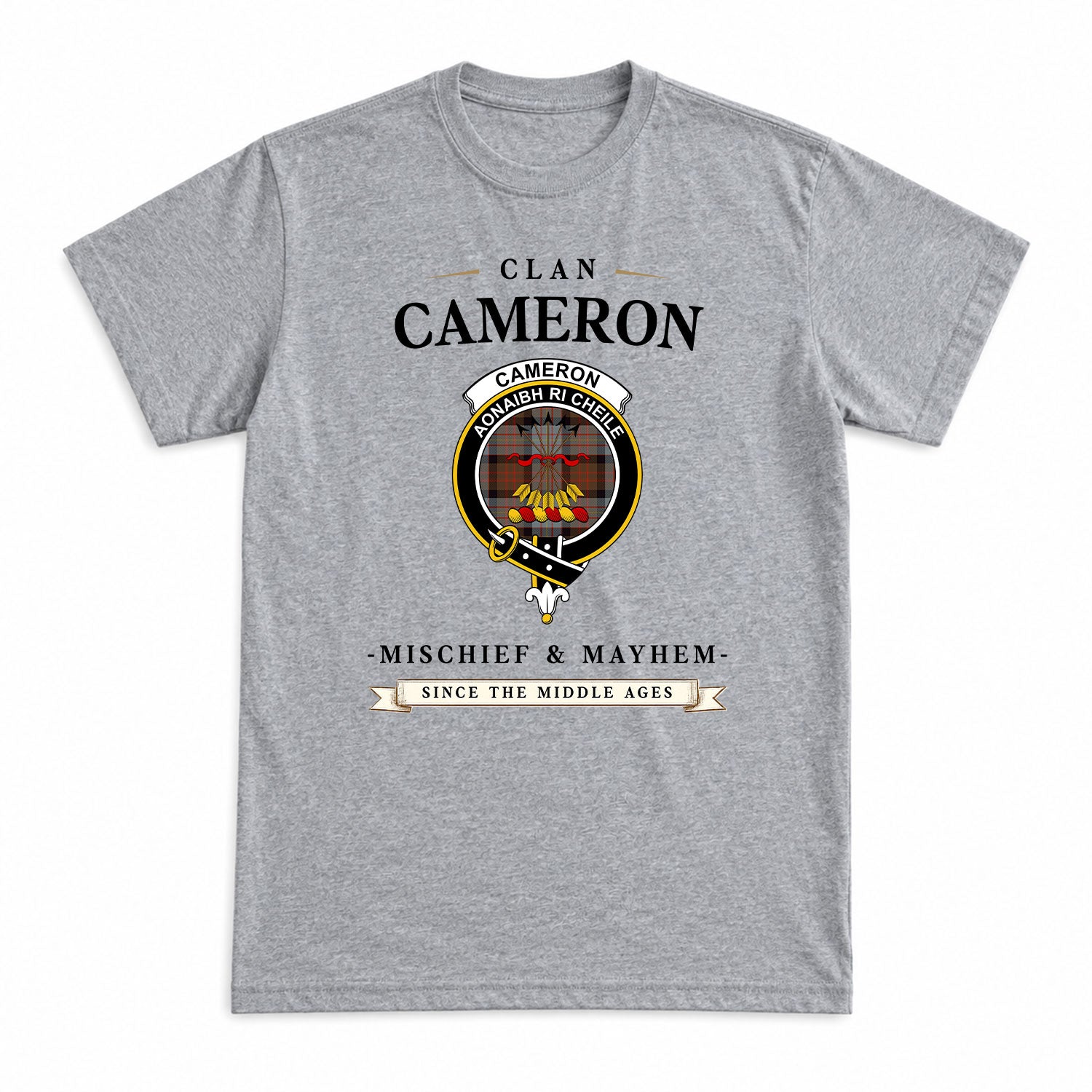Cameron of Erracht Weathered Tartan Crest Mischief and Mayhem T-shirt
