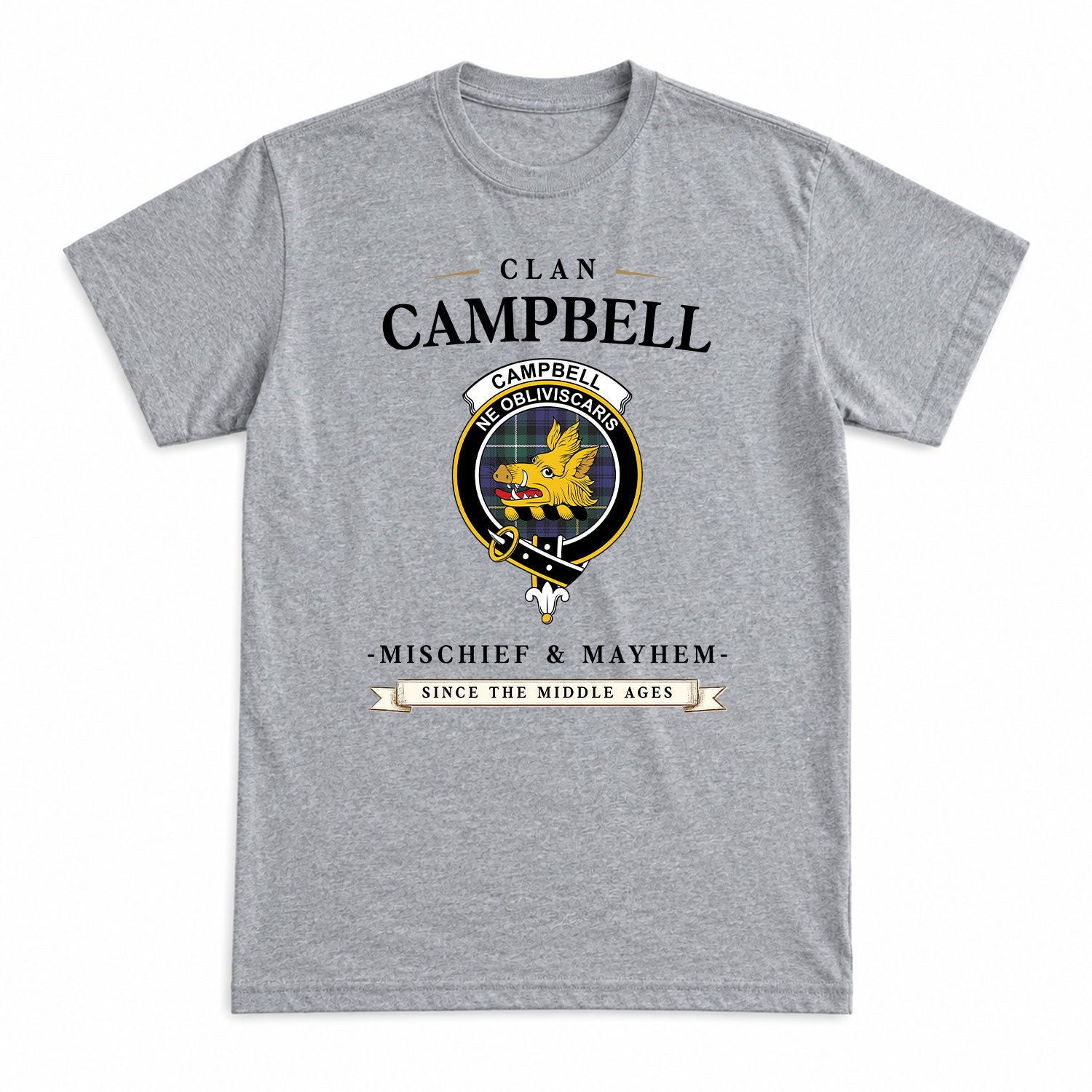 Campbell Argyll Modern Tartan Crest Mischief and Mayhem T-shirt